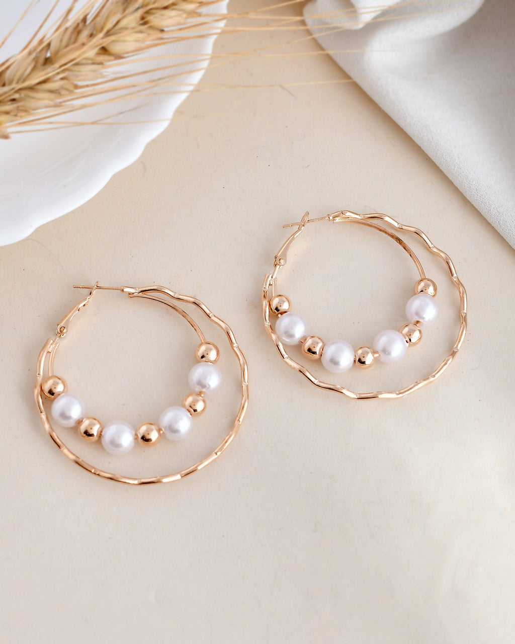 VOJ Women Gold-Polished Pearl Stainless Steel Hoop Earrings | Grab2Buy