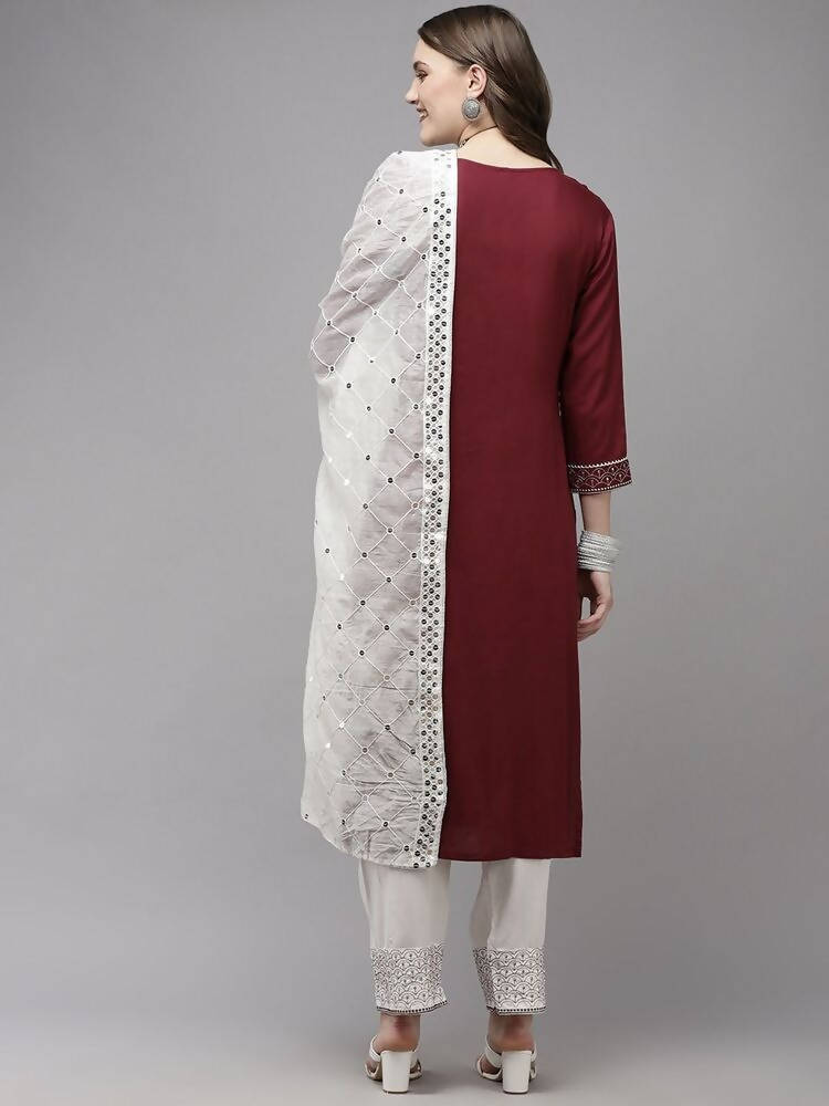Yufta Women Burgundy Yoke Design Regular Sequinned Kurta with Palazzos & With Dupatta | Grab2Buy