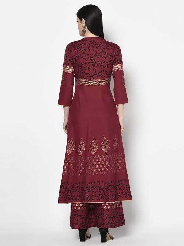 Aniyah Rayon Maroon Color Block Print Anarkali Palazzo Set (AN-181K) | Grab2Buy