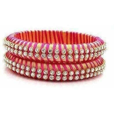 Pink Color Threaded and White Stone Bangles - Set of 2 Bangles | Grab2Buy
