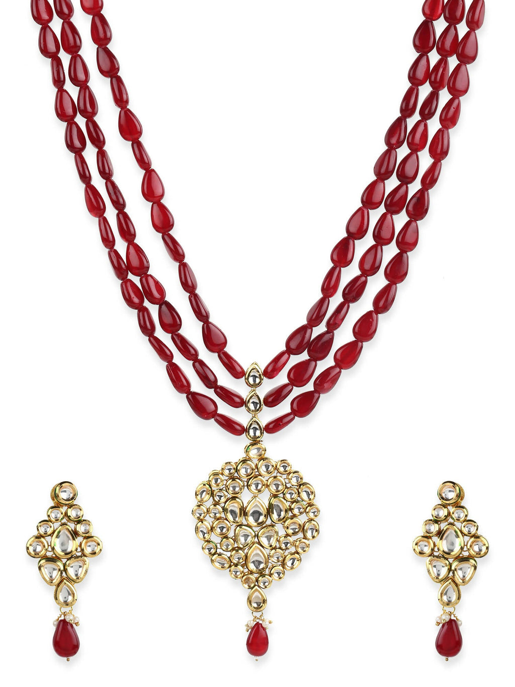 Gold-Polished White Maroon Kundan Studded Beaded Handcrafted Jewellery Set - Ruby Raang | Grab2Buy
