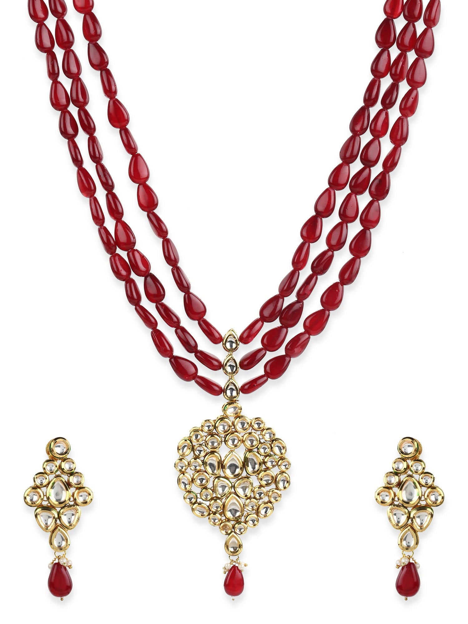 Gold-Polished White Maroon Kundan Studded Beaded Handcrafted Jewellery Set - Ruby Raang | Grab2Buy