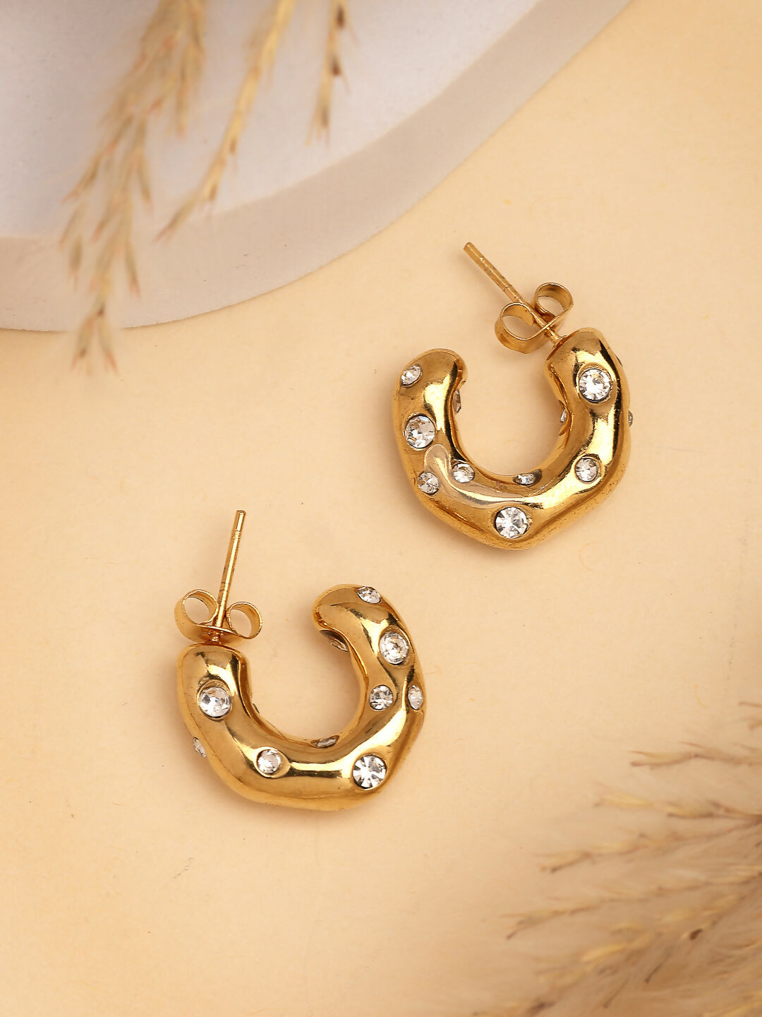 NVR Women's Gold-Polished CZ-Studded Half Hoop Earrings | Grab2Buy
