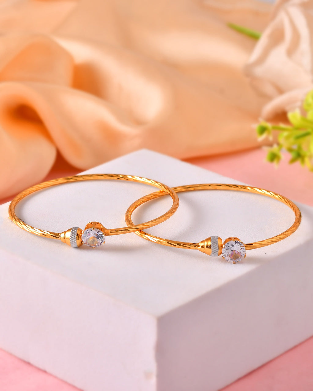 VOJ Set Of 2 Gold Polished Stone-Studded Bangles | Grab2Buy