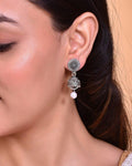 VOJ White Bead Studded Circular Oxidised Silver Plated Contemporary Jhumka | Grab2Buy