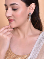 VOJ White Bead Studded Circular Oxidised Silver Plated Contemporary Jhumka | Grab2Buy