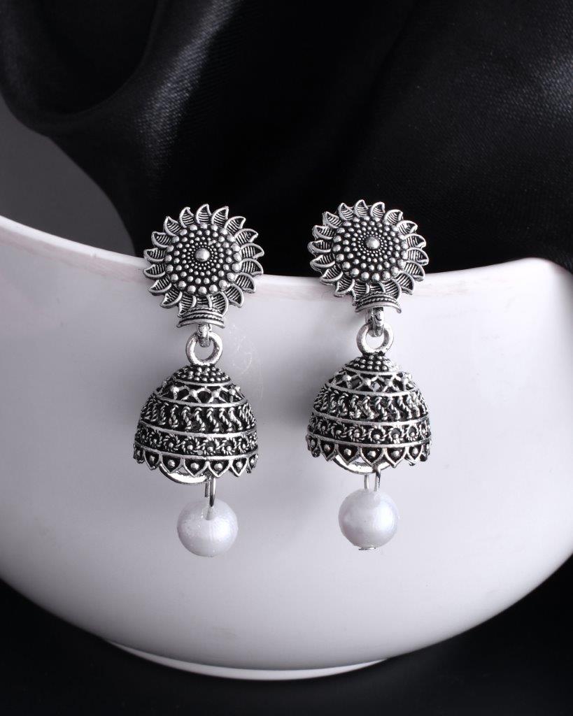 VOJ White Bead Studded Circular Oxidised Silver Plated Contemporary Jhumka | Grab2Buy