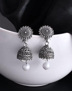VOJ White Bead Studded Circular Oxidised Silver Plated Contemporary Jhumka | Grab2Buy
