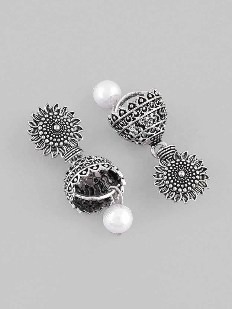 VOJ White Bead Studded Circular Oxidised Silver Plated Contemporary Jhumka | Grab2Buy