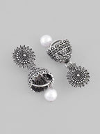 VOJ White Bead Studded Circular Oxidised Silver Plated Contemporary Jhumka | Grab2Buy