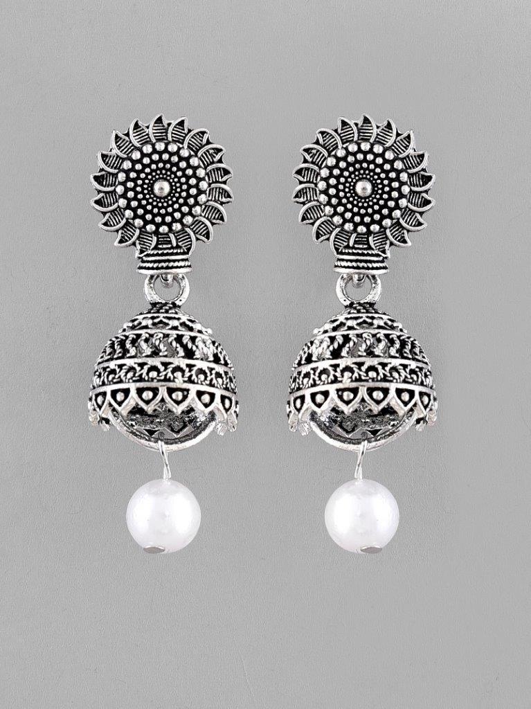 VOJ White Bead Studded Circular Oxidised Silver Plated Contemporary Jhumka | Grab2Buy