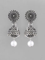 VOJ White Bead Studded Circular Oxidised Silver Plated Contemporary Jhumka | Grab2Buy