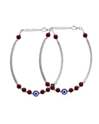 VOJ Set of 2 Silver Plated Artificial Beads Studded Evil Eye Anklet