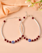 VOJ Set of 2 Silver Plated Artificial Beads Studded Evil Eye Anklet