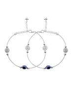 VOJ Set of 2 Silver Plated Evil Eye Bead Studded Stainless Steel Anklet