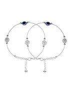 VOJ Set of 2 Silver Plated Evil Eye Bead Studded Stainless Steel Anklet