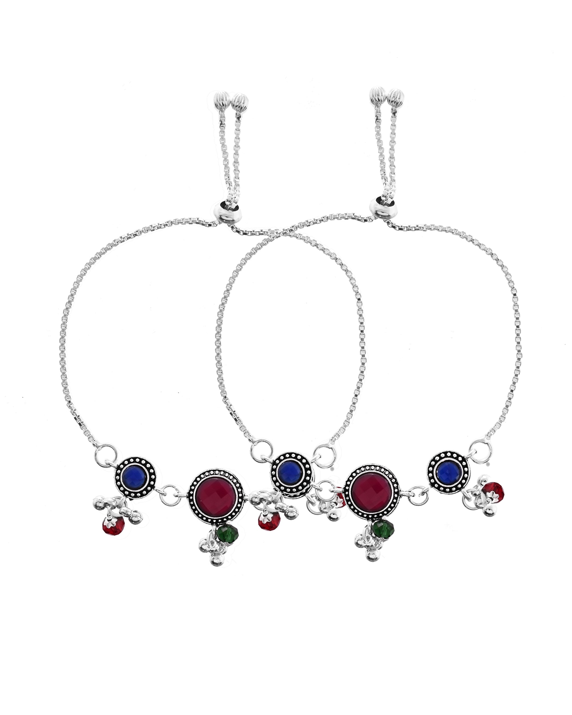 VOJ Set of 2 Silver Plated Circular Designed Stone Studded Anklet | Grab2Buy