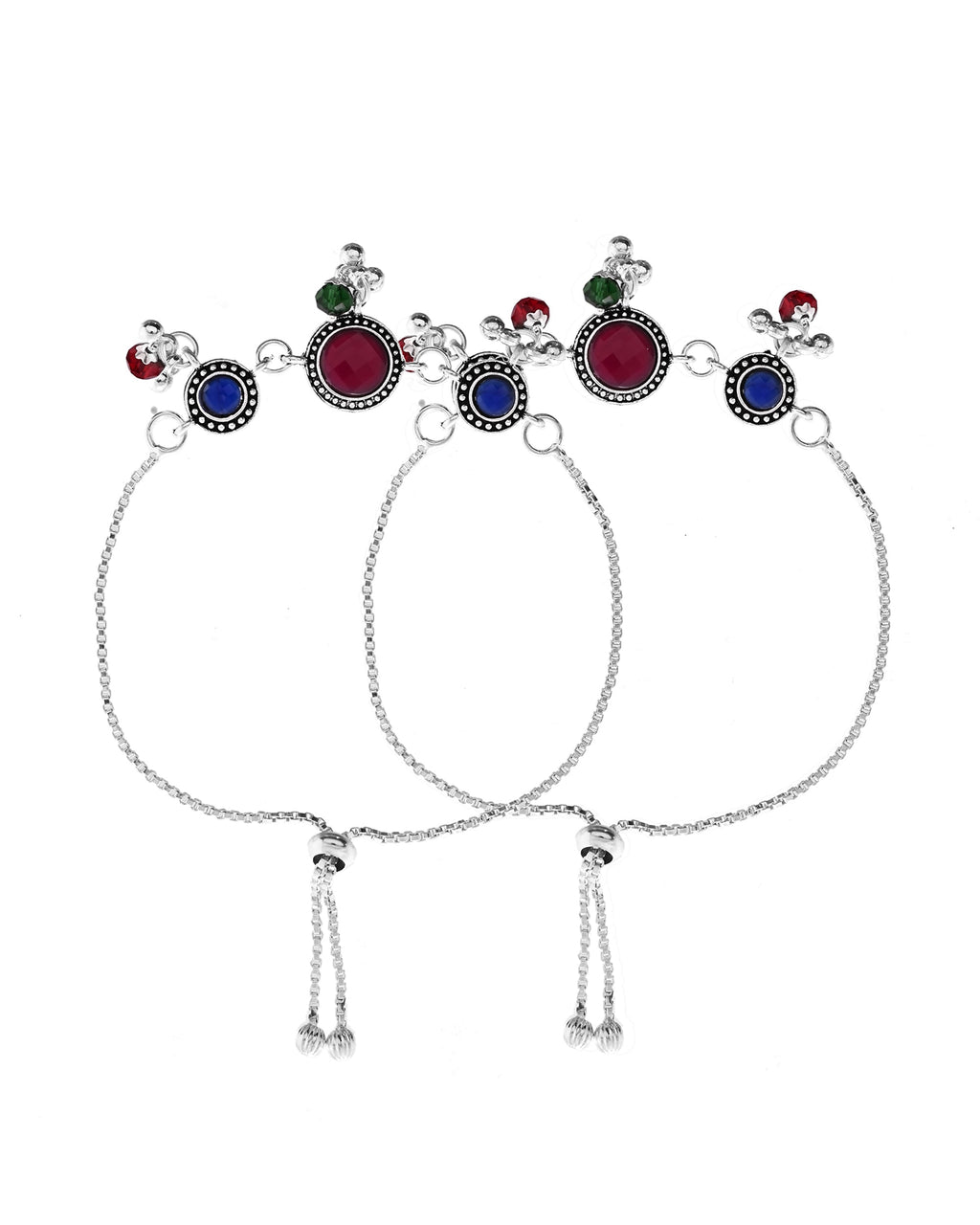 VOJ Set of 2 Silver Plated Circular Designed Stone Studded Anklet | Grab2Buy