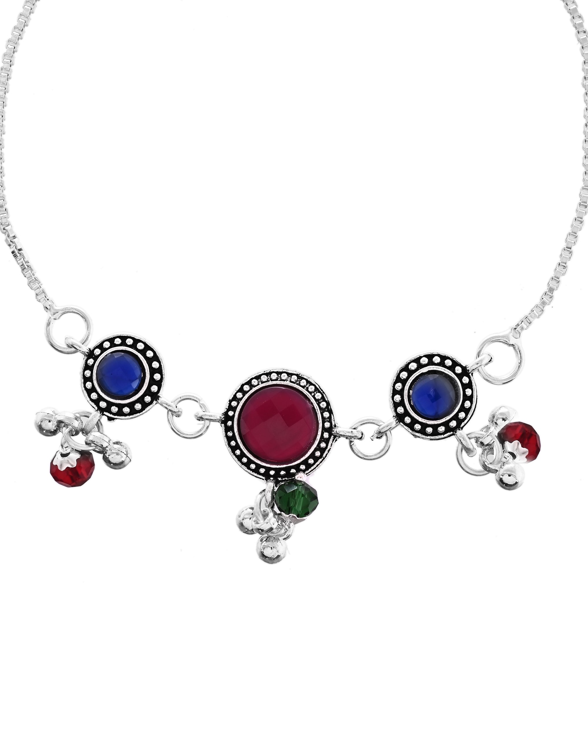 VOJ Set of 2 Silver Plated Circular Designed Stone Studded Anklet | Grab2Buy