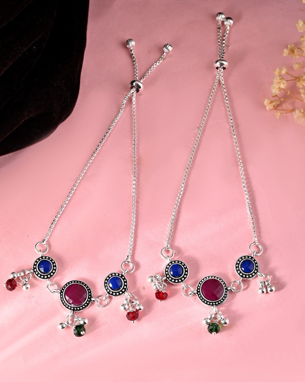 VOJ Set of 2 Silver Plated Circular Designed Stone Studded Anklet | Grab2Buy