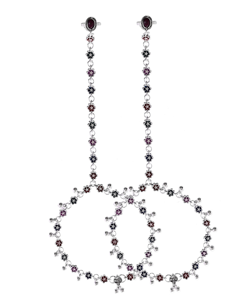 VOJ Set of 2 Floral Designer Meenakari Anklet with Toe Ring