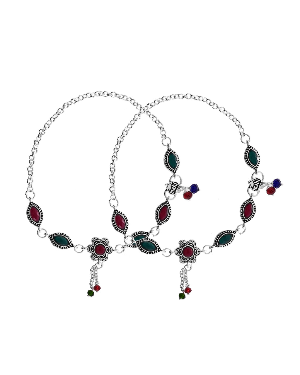 VOJ Set of 2 Silver Plated Floral Shaped Stone Studded Anklet | Grab2Buy