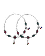 VOJ Set of 2 Silver Plated Floral Shaped Stone Studded Anklet | Grab2Buy