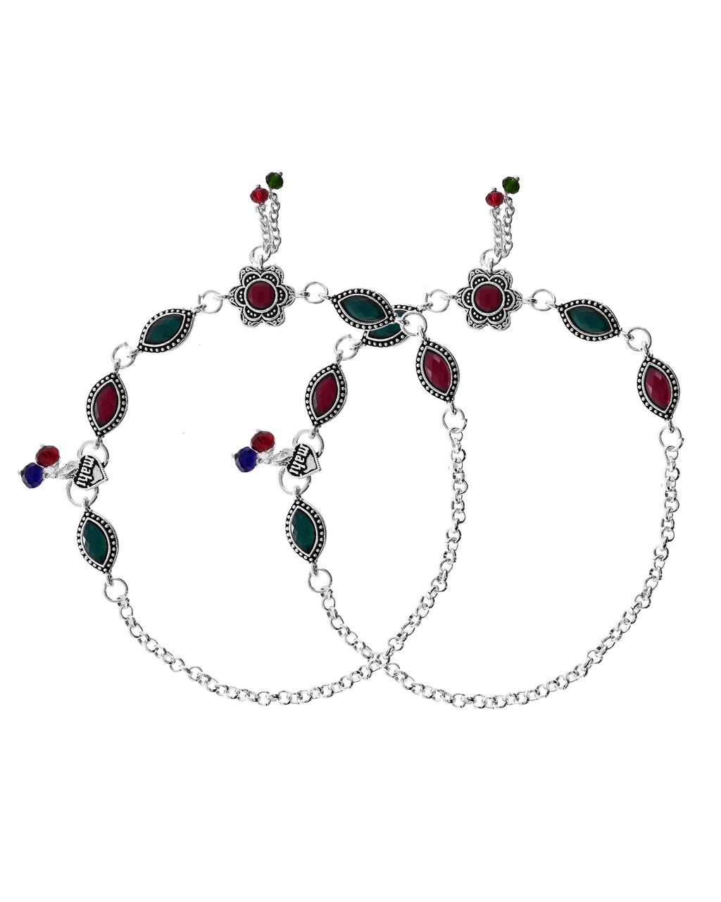 VOJ Set of 2 Silver Plated Floral Shaped Stone Studded Anklet | Grab2Buy