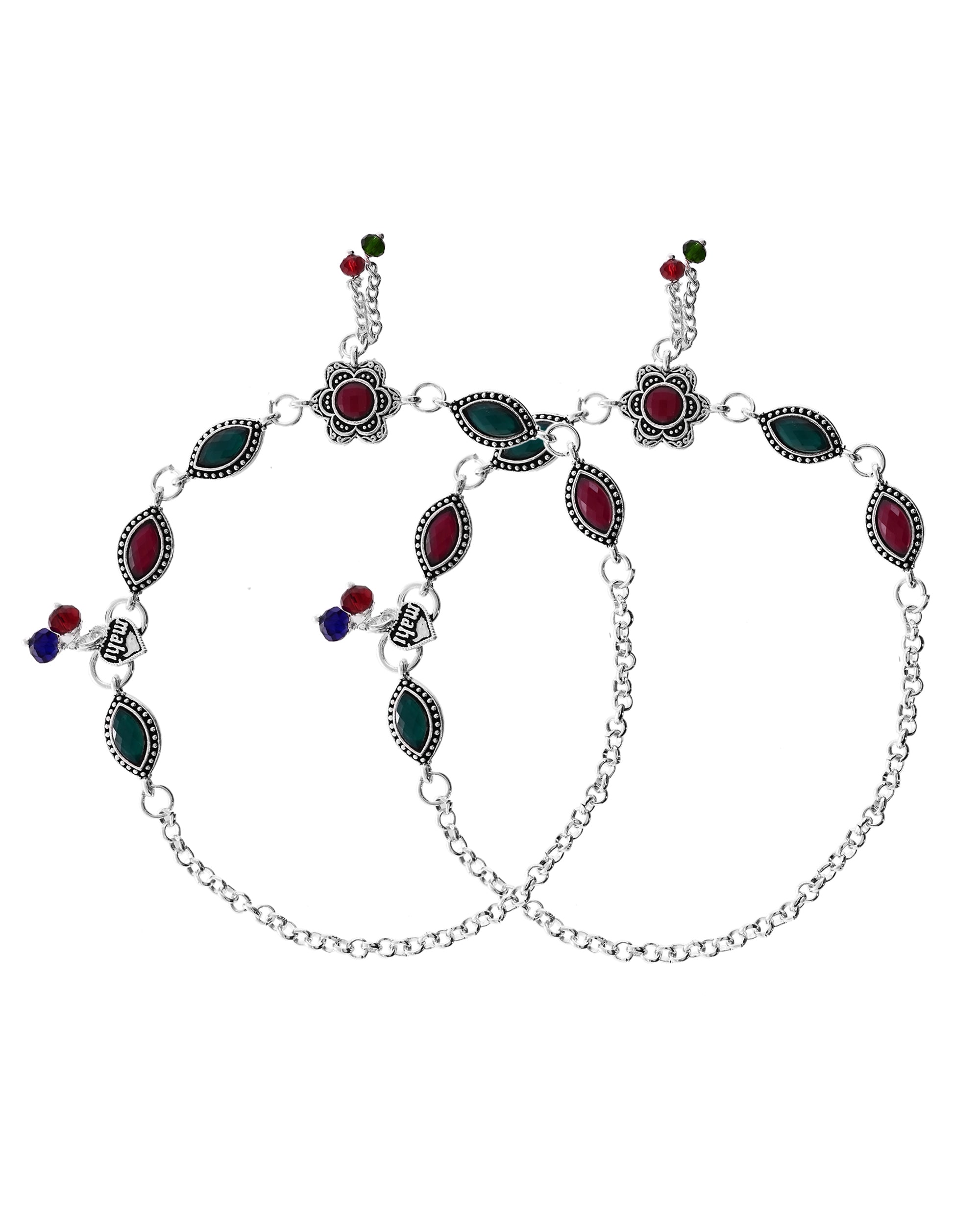 VOJ Set of 2 Silver Plated Floral Shaped Stone Studded Anklet | Grab2Buy