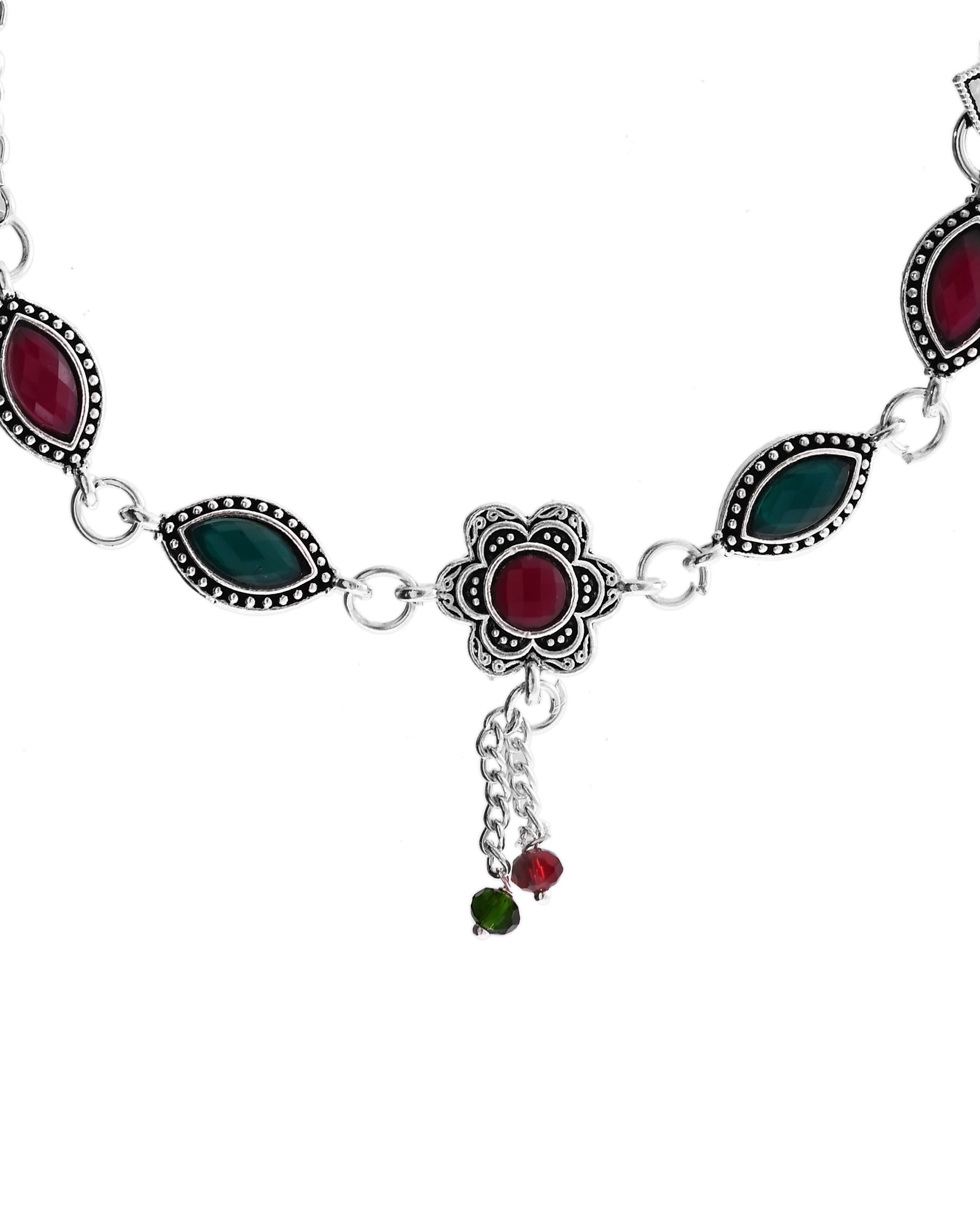 VOJ Set of 2 Silver Plated Floral Shaped Stone Studded Anklet | Grab2Buy