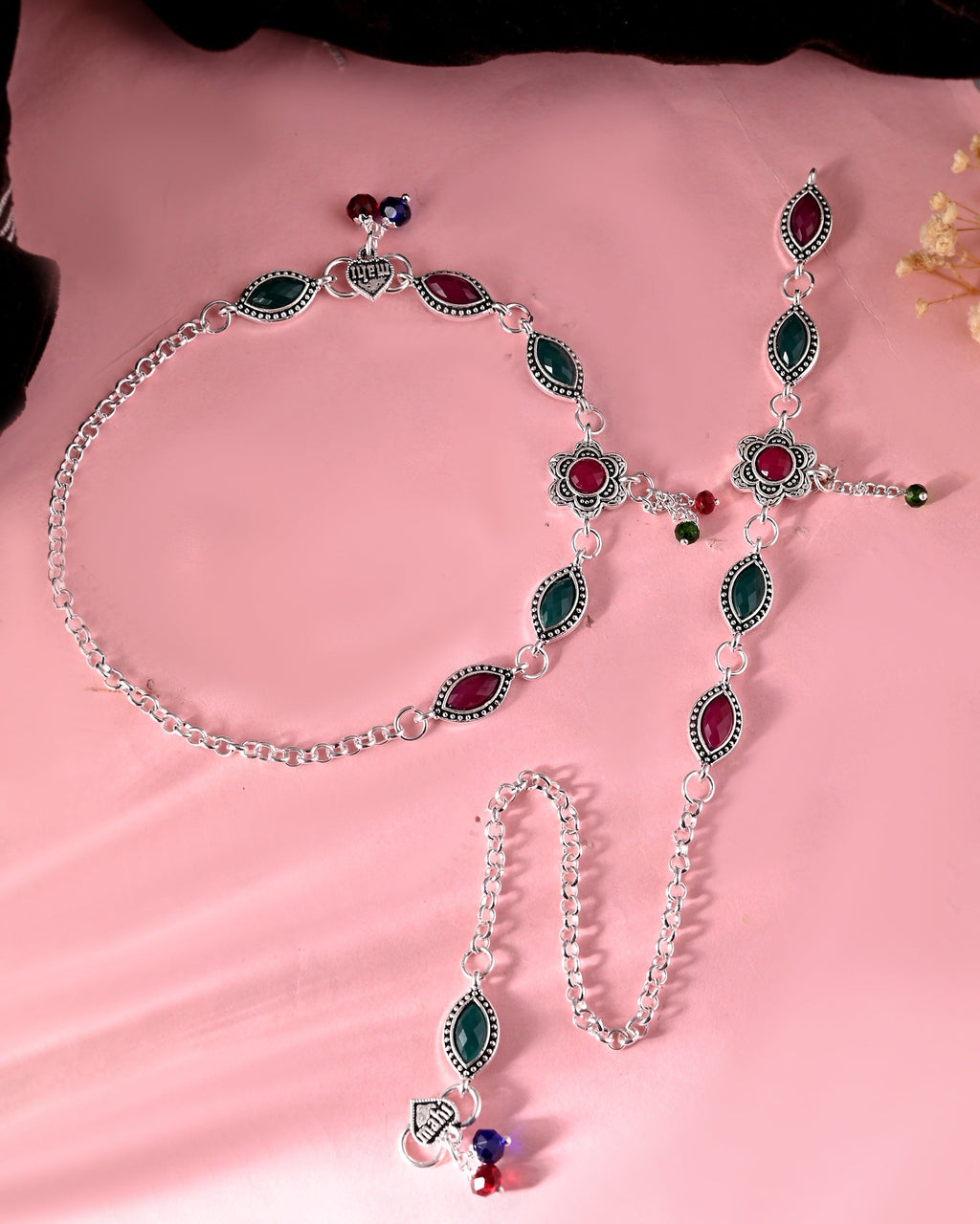 VOJ Set of 2 Silver Plated Floral Shaped Stone Studded Anklet | Grab2Buy