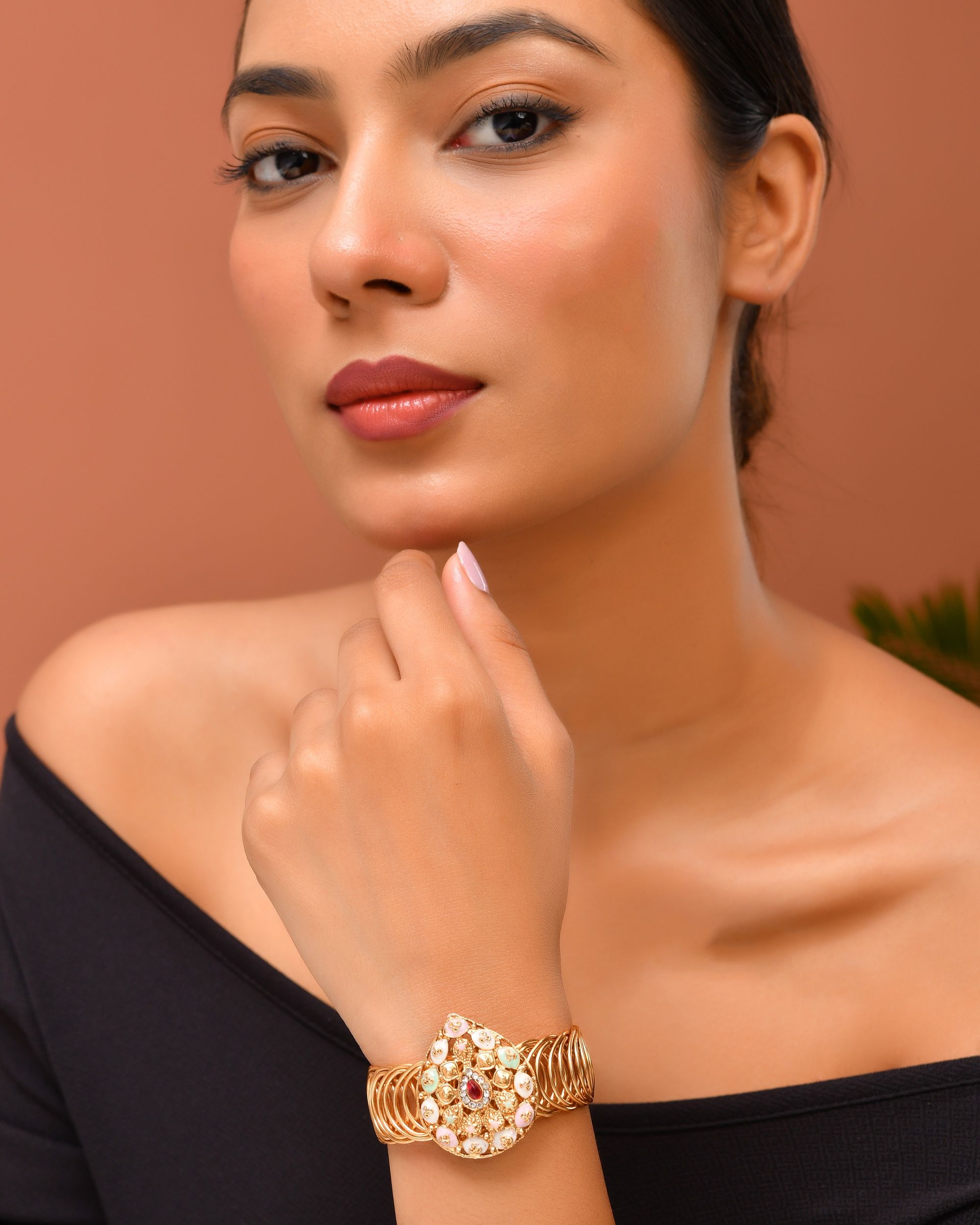 VOJ Stainless Steel Gold Polished Kundan Studded Wraparound Bracelet | Grab2Buy