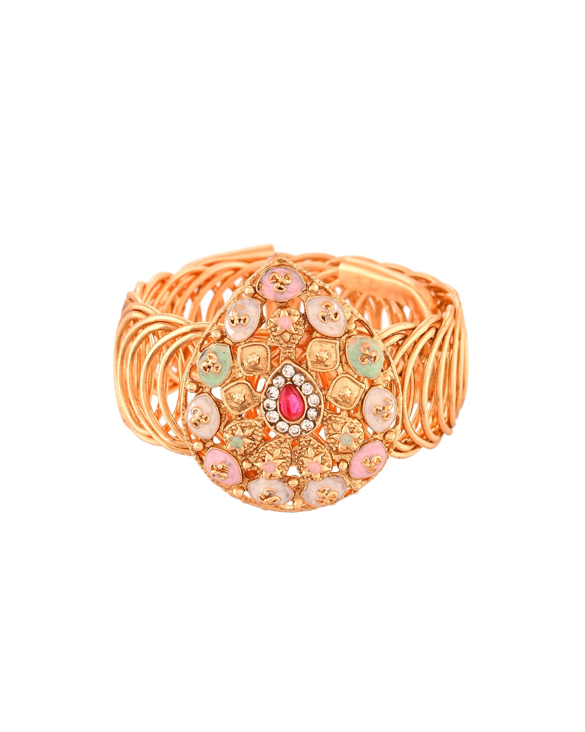 VOJ Stainless Steel Gold Polished Kundan Studded Wraparound Bracelet | Grab2Buy