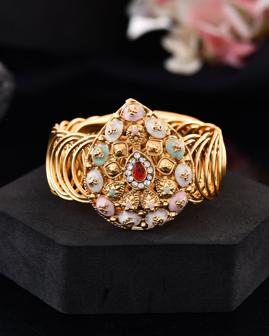 VOJ Stainless Steel Gold Polished Kundan Studded Wraparound Bracelet | Grab2Buy