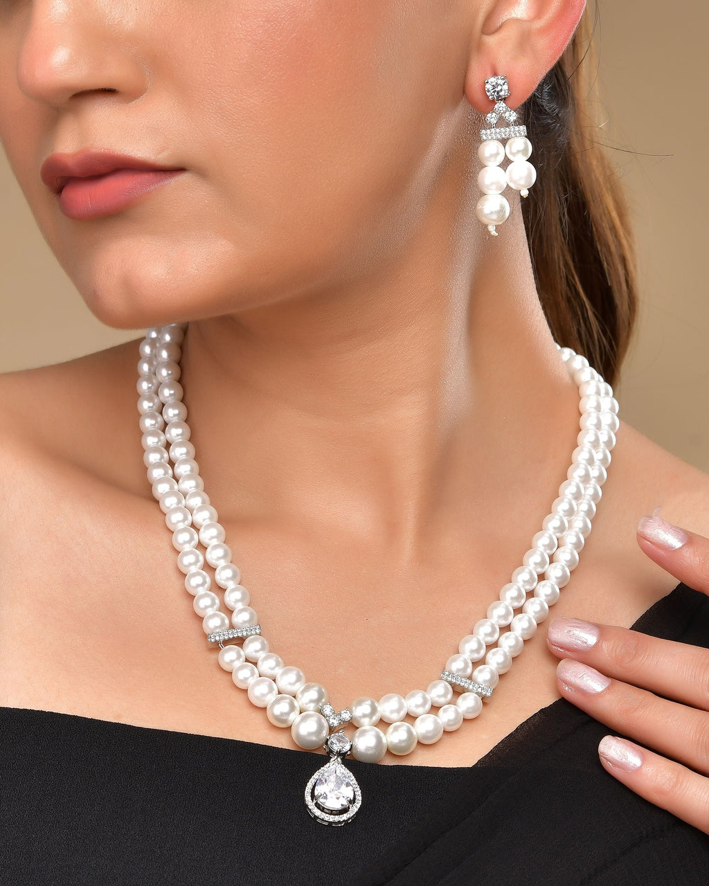 VOJ Silver Plated Pearl & Ad Studded Designer Jewellery Set | Grab2Buy