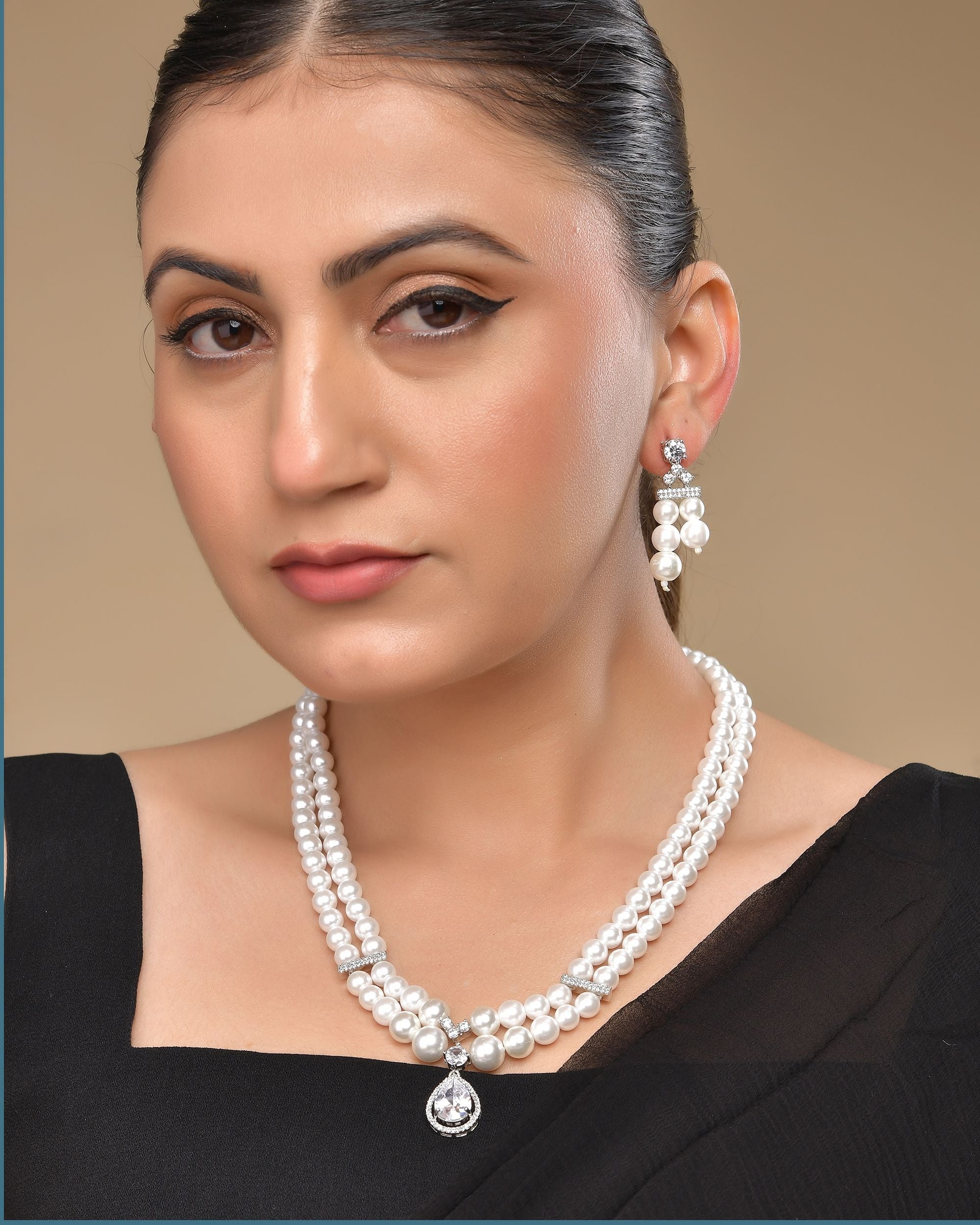 VOJ Silver Plated Pearl & Ad Studded Designer Jewellery Set | Grab2Buy