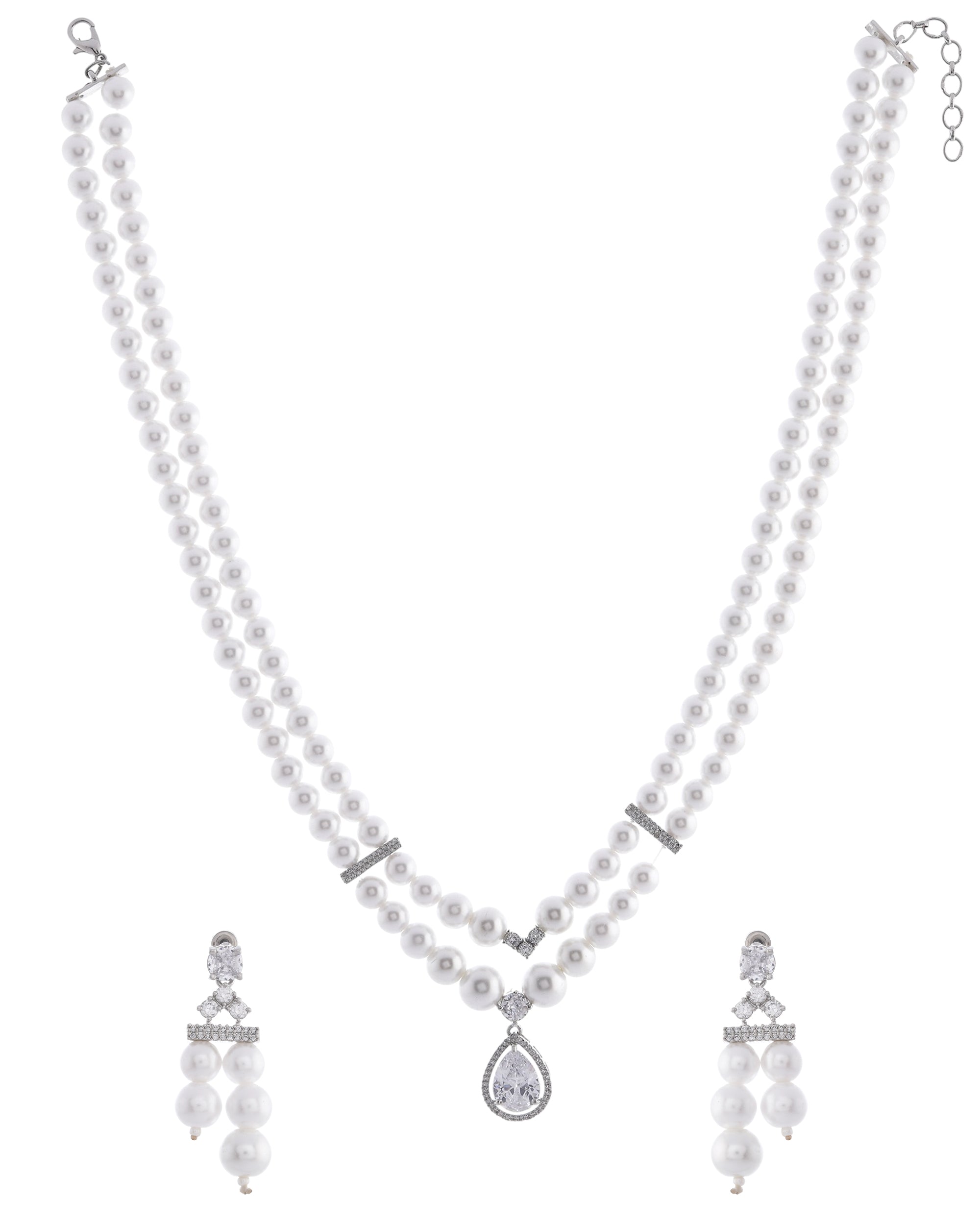 VOJ Silver Plated Pearl & Ad Studded Designer Jewellery Set | Grab2Buy