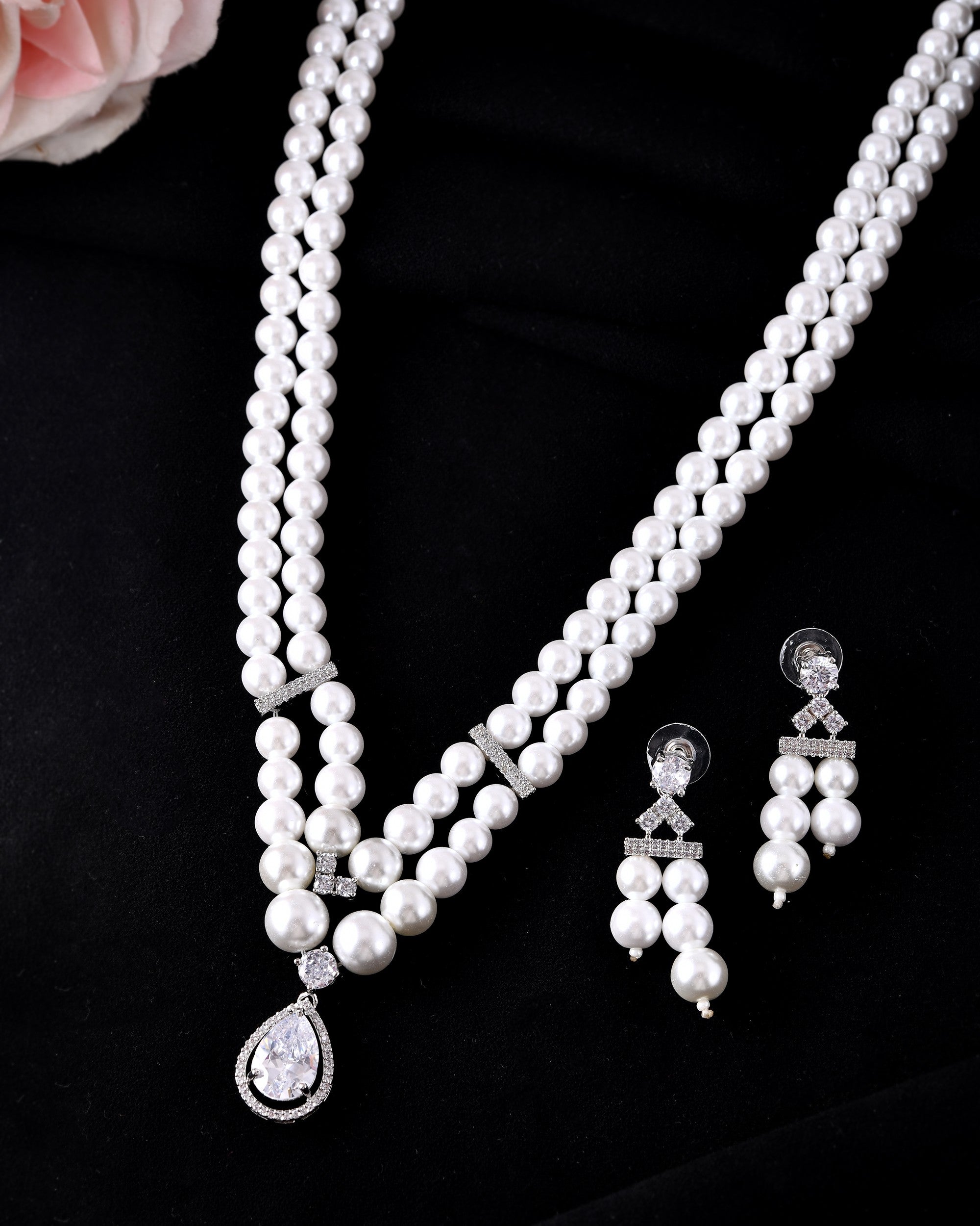 VOJ Silver Plated Pearl & Ad Studded Designer Jewellery Set | Grab2Buy