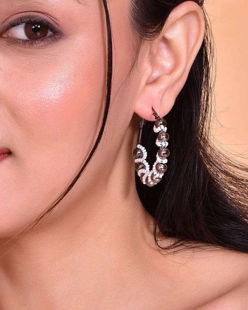 VOJ White Pearl With Silver Bead Hoop Earrings | Grab2Buy