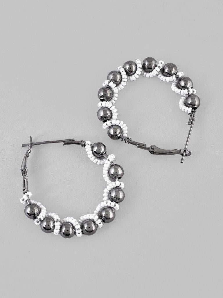 VOJ White Pearl With Silver Bead Hoop Earrings | Grab2Buy