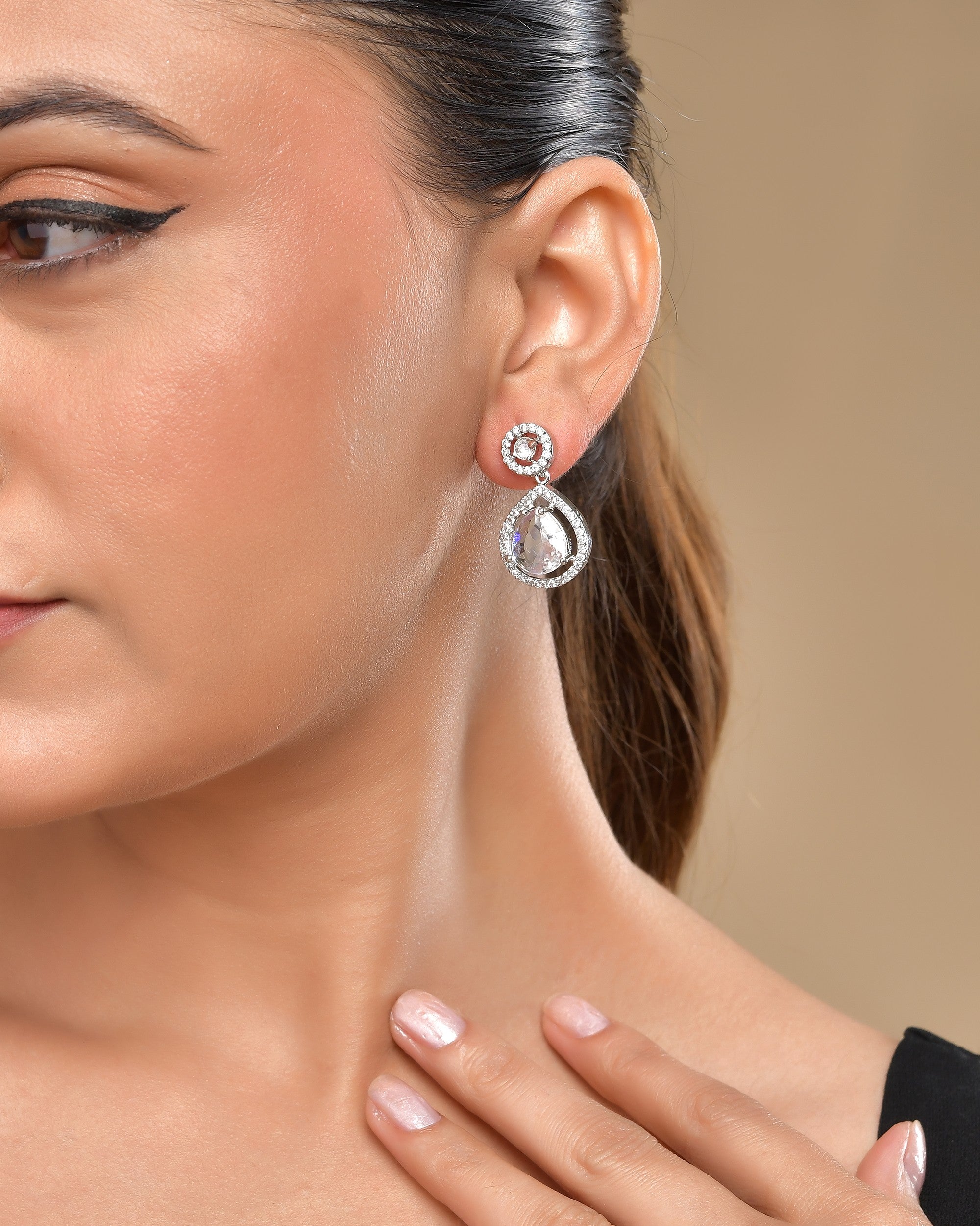 VOJ Silver Plated Stone Studded Teardrop Shaped Earrings | Grab2Buy