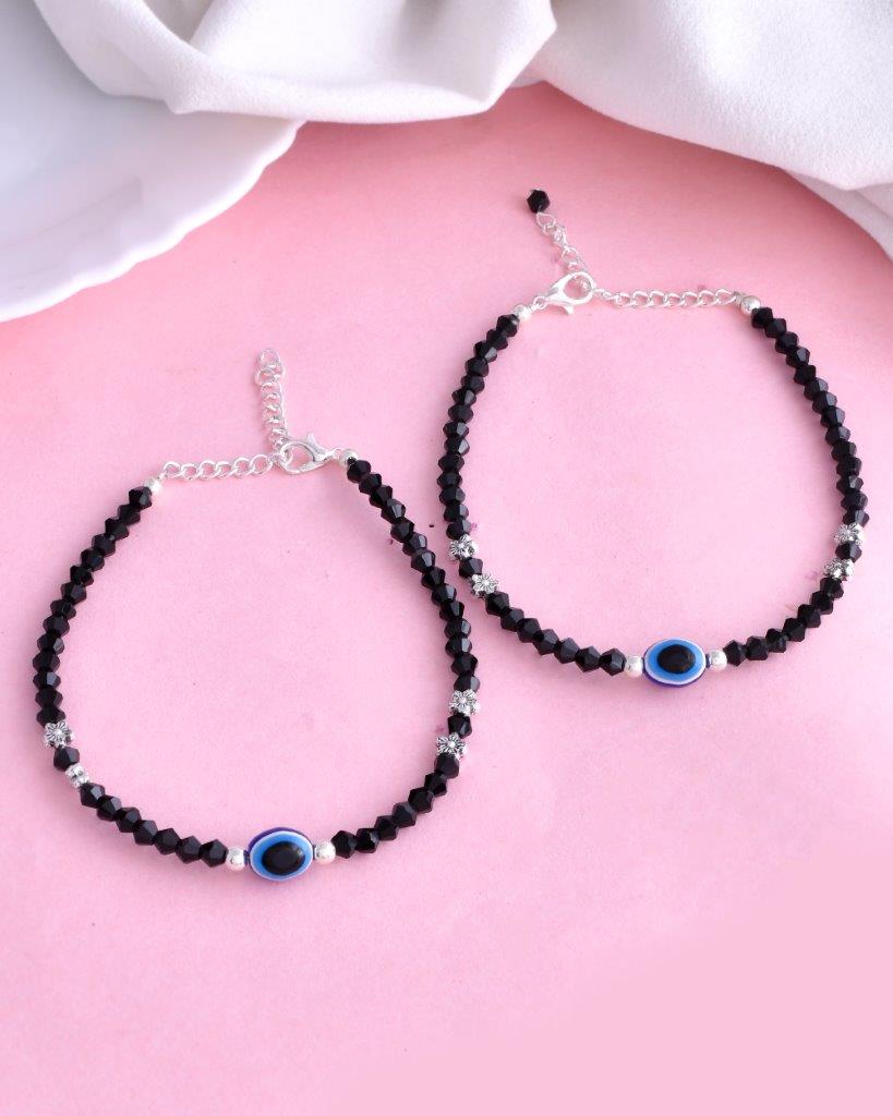 VOJ Set of 2 Silver Plated Beads Evil Eye Anklet | Grab2Buy