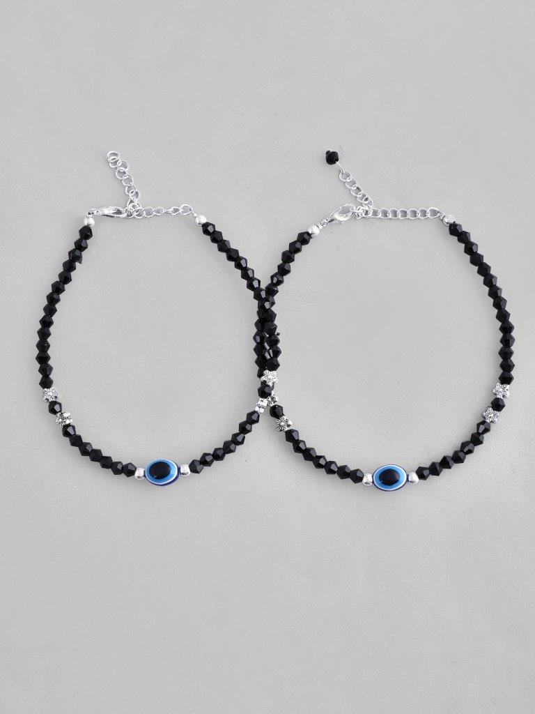 VOJ Set of 2 Silver Plated Beads Evil Eye Anklet | Grab2Buy