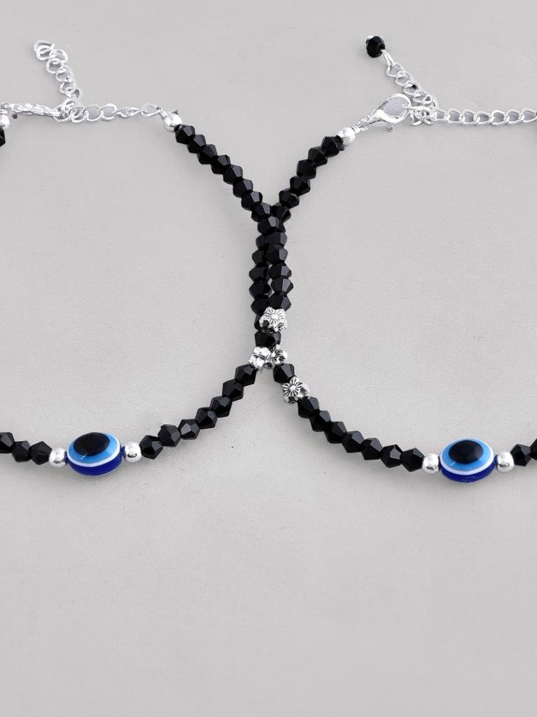 VOJ Set of 2 Silver Plated Beads Evil Eye Anklet | Grab2Buy