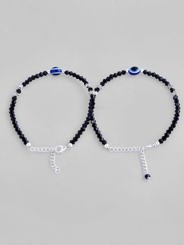 VOJ Set of 2 Silver Plated Beads Evil Eye Anklet | Grab2Buy