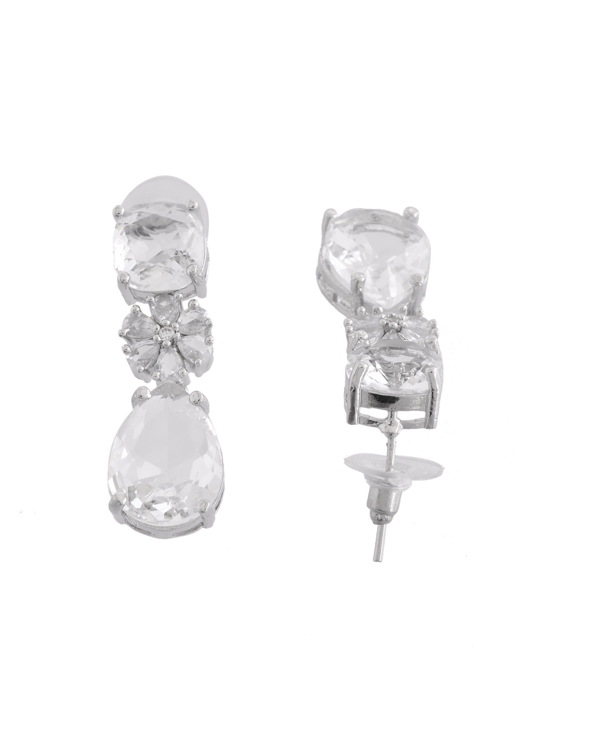 VOJ Silver Plated Stone Studded Floral Shaped Studs Earrings | Grab2Buy