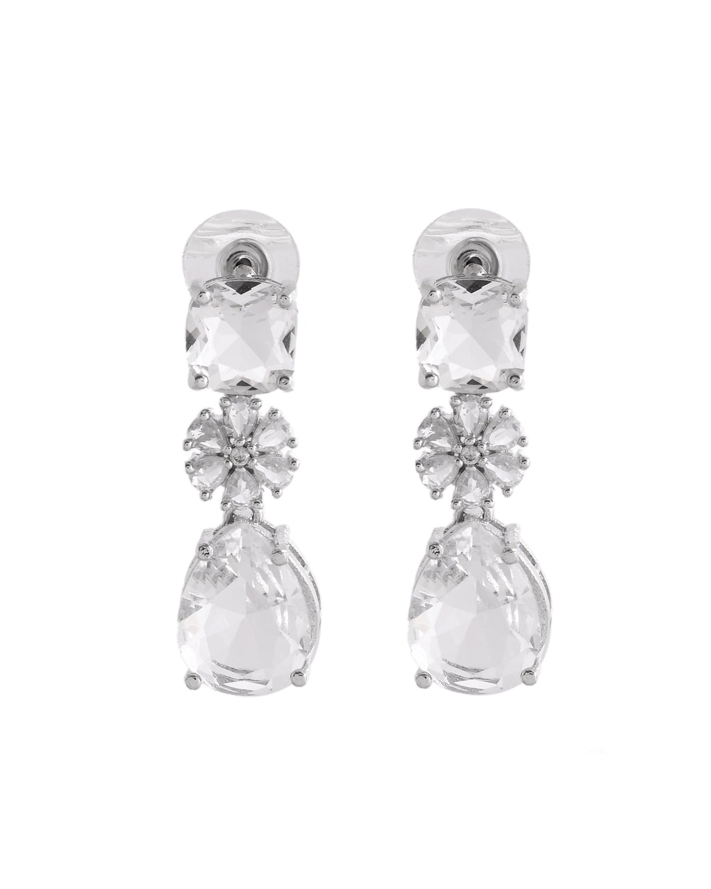VOJ Silver Plated Stone Studded Floral Shaped Studs Earrings | Grab2Buy