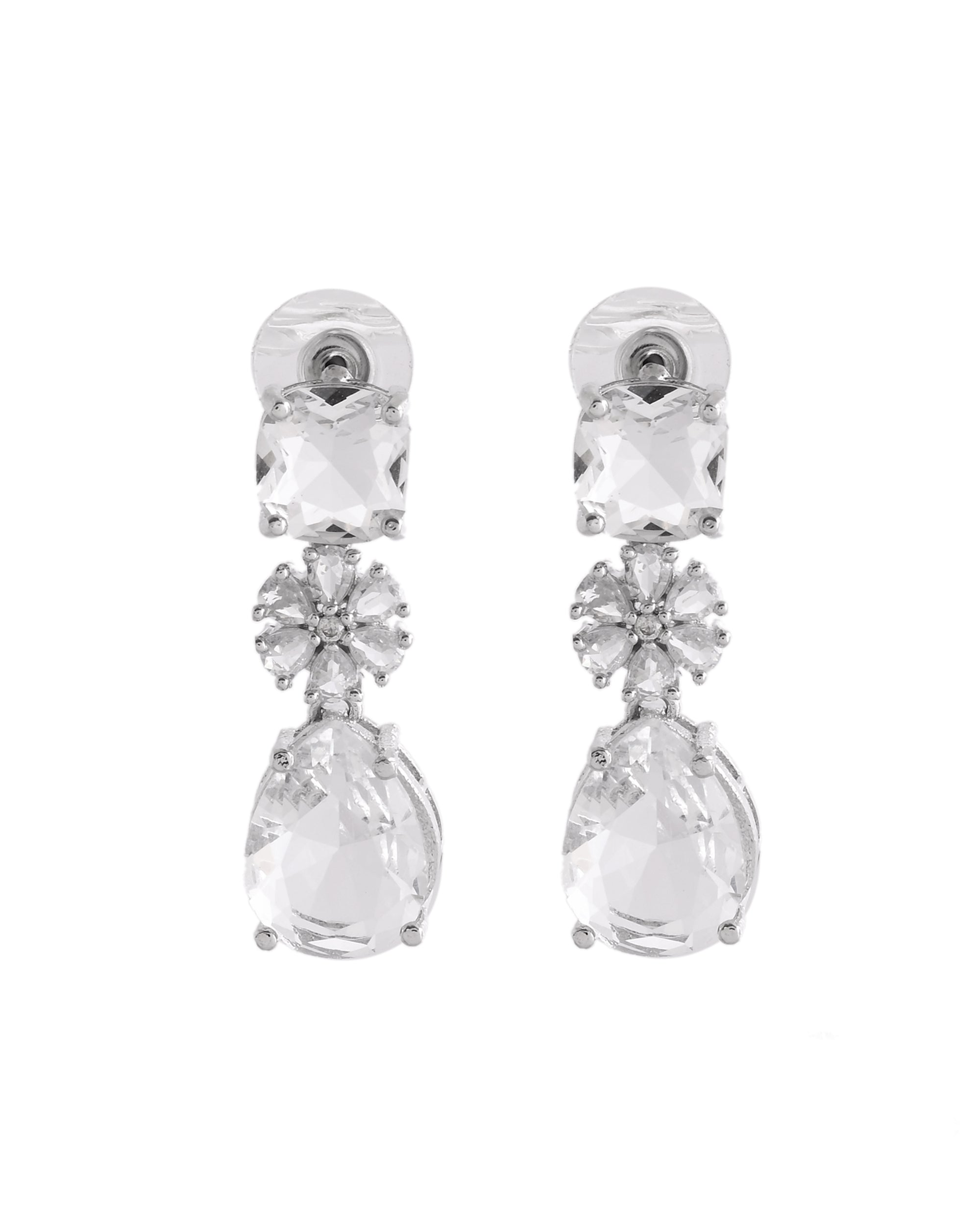 VOJ Silver Plated Stone Studded Floral Shaped Studs Earrings | Grab2Buy