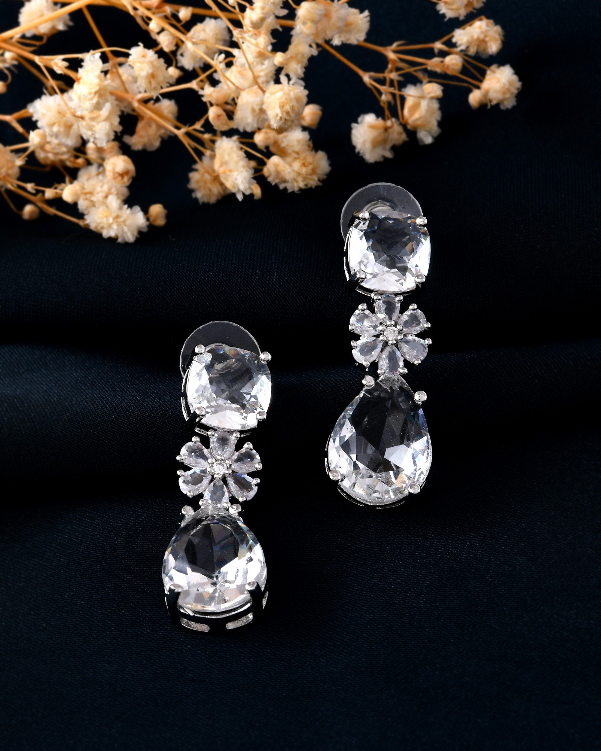 VOJ Silver Plated Stone Studded Floral Shaped Studs Earrings | Grab2Buy