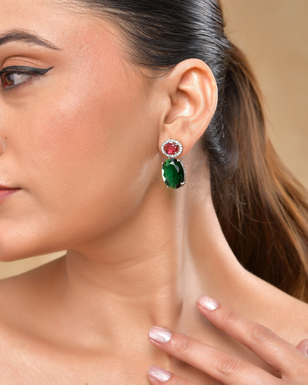 VOJ Silver Plated Green And Red Stone Studded Elegant Ad Earrings | Grab2Buy